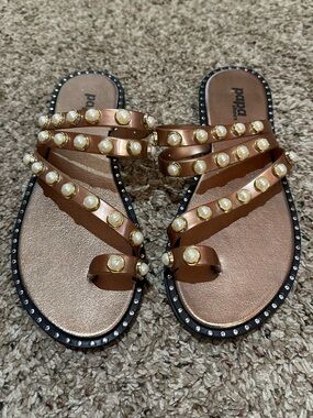 Papa Shoes Pearl-Studded Copper-Colored Sandals